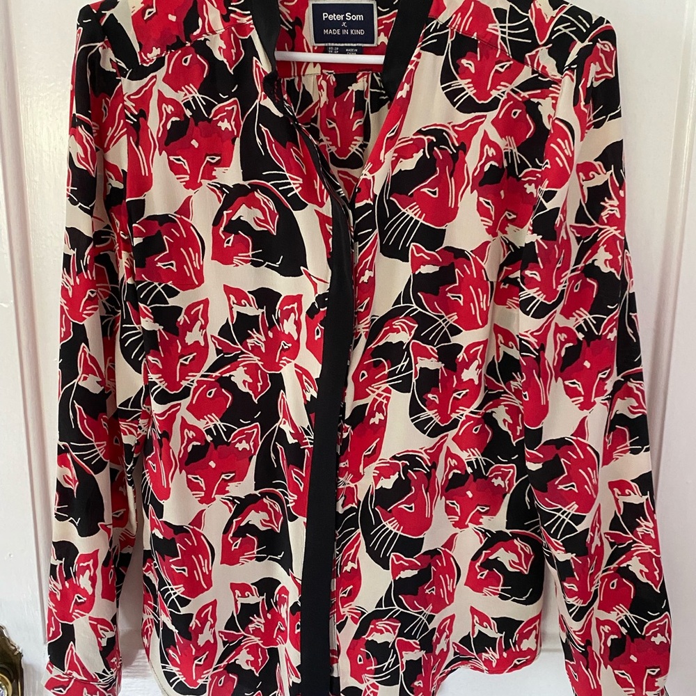 Anthropologie Peter Som Red and Black Patterned 100% Silk Blouse
